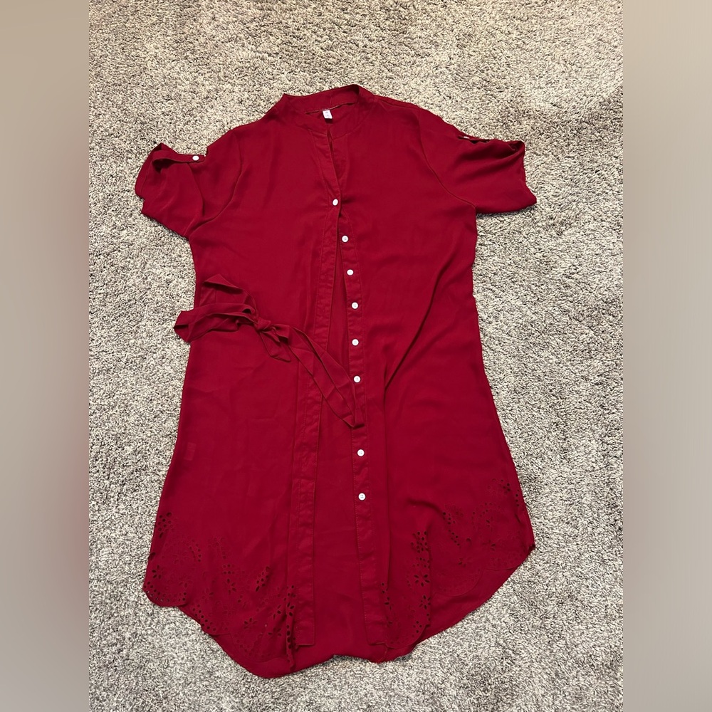 Rose gal sheer long button down cover up with tie